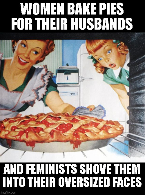 Whats the difference between a woman and a feminist?   (lol, just a little joke, no harm done) | WOMEN BAKE PIES FOR THEIR HUSBANDS; AND FEMINISTS SHOVE THEM INTO THEIR OVERSIZED FACES | image tagged in 50's wife cooking cherry pie | made w/ Imgflip meme maker