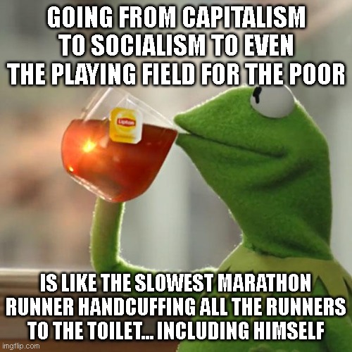 But That's None Of My Business Meme | GOING FROM CAPITALISM TO SOCIALISM TO EVEN THE PLAYING FIELD FOR THE POOR; IS LIKE THE SLOWEST MARATHON RUNNER HANDCUFFING ALL THE RUNNERS TO THE TOILET... INCLUDING HIMSELF | image tagged in memes,but that's none of my business,kermit the frog | made w/ Imgflip meme maker