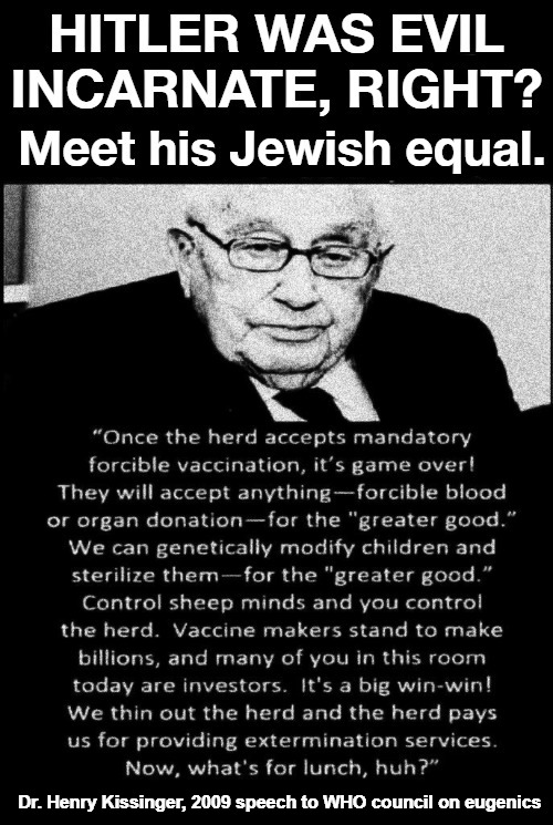 Hitler Was Evil Incarnate, Right? Meet his Jewish equal, Dr. Henry Kissinger | Dr. Henry Kissinger, 2009 speech to WHO council on eugenics | image tagged in adolf hitler,henry kissinger,who,world health organization,eugenics,genocide | made w/ Imgflip meme maker