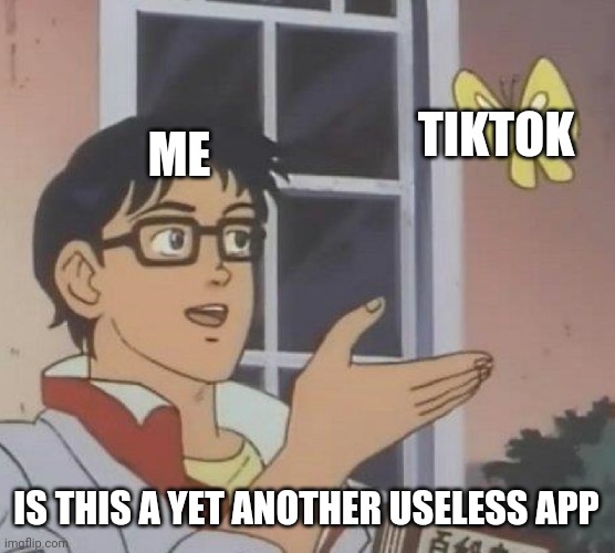 Tiktok sucks | TIKTOK; ME; IS THIS A YET ANOTHER USELESS APP | image tagged in memes,is this a pigeon | made w/ Imgflip meme maker