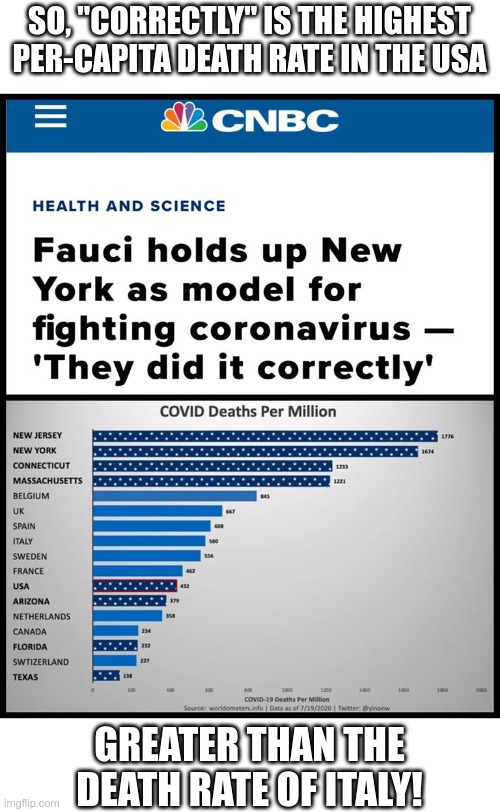 Who is Fauci kidding? | SO, "CORRECTLY" IS THE HIGHEST PER-CAPITA DEATH RATE IN THE USA; GREATER THAN THE DEATH RATE OF ITALY! | image tagged in coronavirus | made w/ Imgflip meme maker