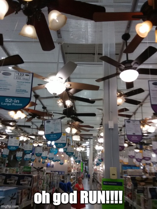 ceiling fans | oh god RUN!!!! | image tagged in ceiling fans | made w/ Imgflip meme maker