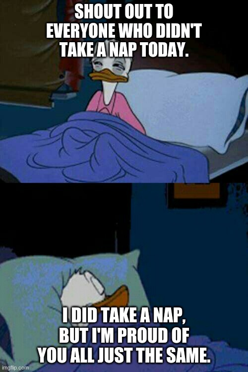 Nap time | SHOUT OUT TO EVERYONE WHO DIDN'T TAKE A NAP TODAY. I DID TAKE A NAP, BUT I'M PROUD OF YOU ALL JUST THE SAME. | image tagged in sleepy donald duck in bed | made w/ Imgflip meme maker