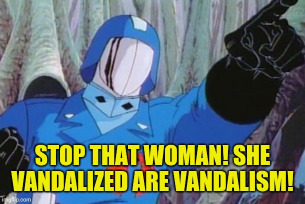 Cobra Commander | STOP THAT WOMAN! SHE VANDALIZED ARE VANDALISM! | image tagged in cobra commander | made w/ Imgflip meme maker