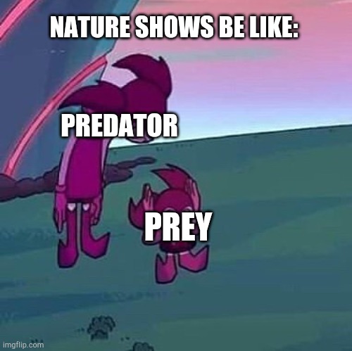 The circle of life | NATURE SHOWS BE LIKE:; PREDATOR; PREY | image tagged in spinel looking over herself | made w/ Imgflip meme maker