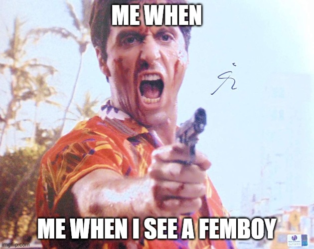 femboy extermination | ME WHEN; ME WHEN I SEE A FEMBOY | image tagged in femboy,hooters,al pacino | made w/ Imgflip meme maker