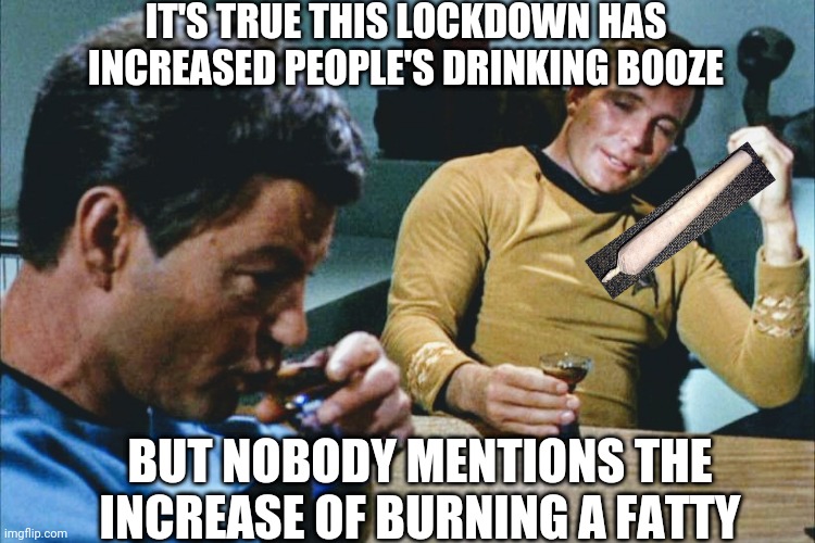 Kirk and Bones in Lockdown | IT'S TRUE THIS LOCKDOWN HAS INCREASED PEOPLE'S DRINKING BOOZE; BUT NOBODY MENTIONS THE INCREASE OF BURNING A FATTY | image tagged in star trek,blunt,booze,drinking,kirk,weed | made w/ Imgflip meme maker