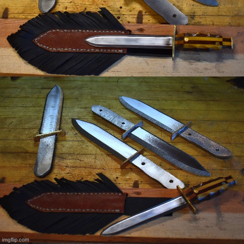 The projects on my workbench right now. | image tagged in knifes,handmade,by kewlew | made w/ Imgflip meme maker
