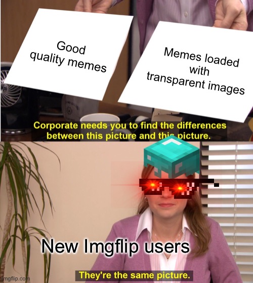 They will learn, eventually. | Good quality memes; Memes loaded with transparent images; New Imgflip users | image tagged in memes,they're the same picture,dank memes,imgflip | made w/ Imgflip meme maker