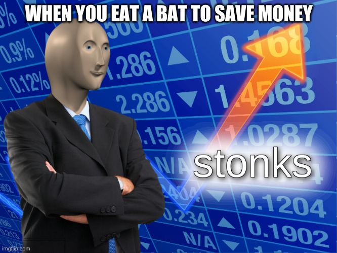 stonks | WHEN YOU EAT A BAT TO SAVE MONEY | image tagged in stonks | made w/ Imgflip meme maker