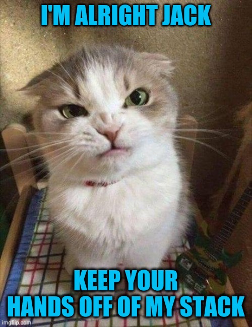 Angry cat | I'M ALRIGHT JACK KEEP YOUR HANDS OFF OF MY STACK | image tagged in angry cat | made w/ Imgflip meme maker