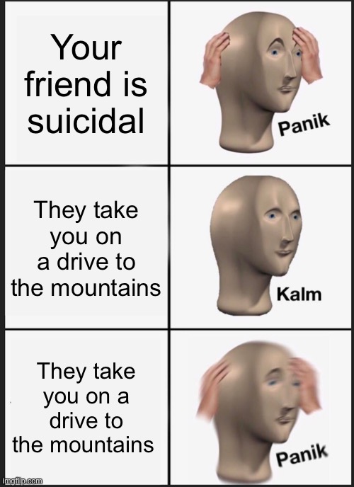 Kalm | Your friend is suicidal; They take you on a drive to the mountains; They take you on a drive to the mountains | image tagged in memes,panik kalm panik | made w/ Imgflip meme maker