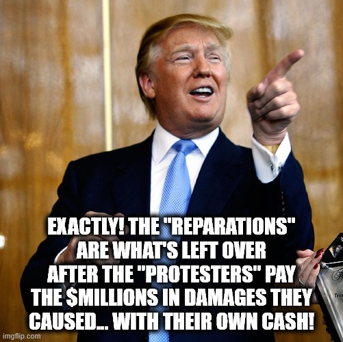 Donald Trump Reparations | EXACTLY! THE "REPARATIONS" ARE WHAT'S LEFT OVER AFTER THE "PROTESTERS" PAY THE $MILLIONS IN DAMAGES THEY CAUSED... WITH THEIR OWN CASH! | image tagged in donal trump birthday | made w/ Imgflip meme maker