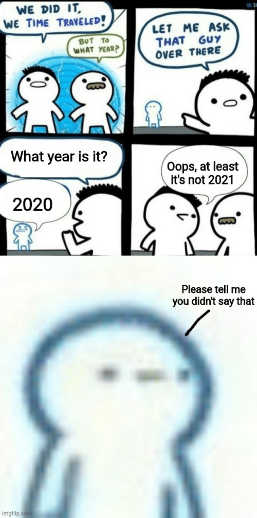 Concern Intensifies | What year is it? Oops, at least it's not 2021; 2020; Please tell me you didn't say that | image tagged in time travelled but to what year,2020,time travel | made w/ Imgflip meme maker