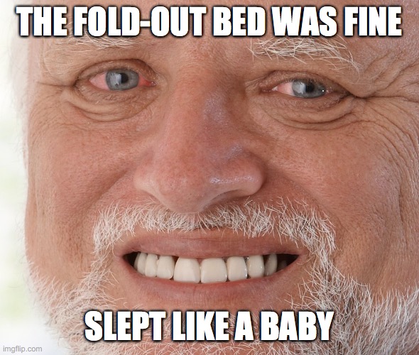 Slept Like a Baby | THE FOLD-OUT BED WAS FINE; SLEPT LIKE A BABY | image tagged in hide the pain harold | made w/ Imgflip meme maker