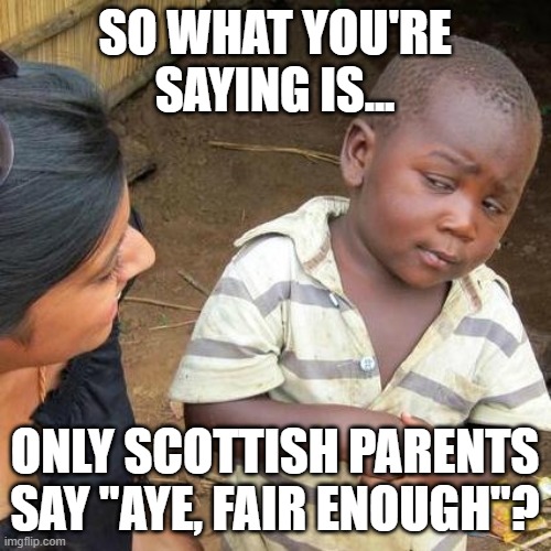 Third World Skeptical Kid Meme | SO WHAT YOU'RE SAYING IS... ONLY SCOTTISH PARENTS SAY "AYE, FAIR ENOUGH"? | image tagged in memes,third world skeptical kid | made w/ Imgflip meme maker