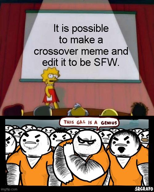 Crossover | It is possible to make a crossover meme and edit it to be SFW. | image tagged in lisa simpson's presentation,the escape plan by srgrafo,memes | made w/ Imgflip meme maker