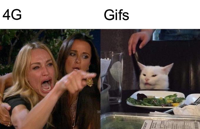 4G hates gifs | 4G; Gifs | image tagged in memes,woman yelling at cat,funny,cats,gigabytes,network | made w/ Imgflip meme maker