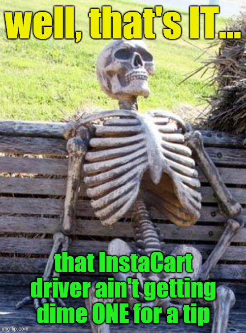 InstaCart NO MO!!! | well, that's IT... that InstaCart driver ain't getting dime ONE for a tip | image tagged in waiting skeleton,instacart,delivery,nevermore,eternity,sol | made w/ Imgflip meme maker