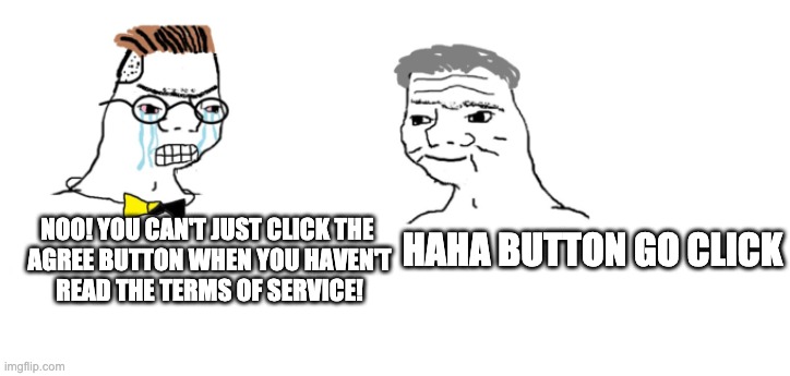 nooo haha go brrr | HAHA BUTTON GO CLICK; NOO! YOU CAN'T JUST CLICK THE 
AGREE BUTTON WHEN YOU HAVEN'T
READ THE TERMS OF SERVICE! | image tagged in nooo haha go brrr | made w/ Imgflip meme maker