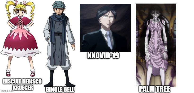 HunterxHunter renamed characters | KNOVID-19; GINGLE BELL; BISCUIT REBISCO 
KRUEGER; PALM TREE | image tagged in hunter x hunter | made w/ Imgflip meme maker