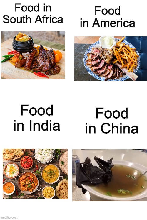 Blank White Template | Food in America; Food in South Africa; Food in India; Food in China | image tagged in blank white template | made w/ Imgflip meme maker