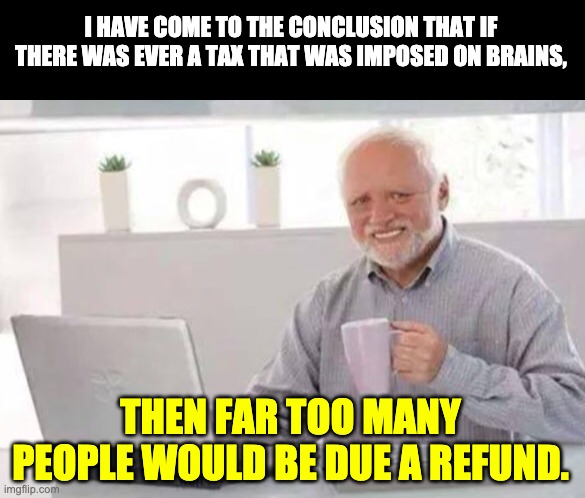 Harold | I HAVE COME TO THE CONCLUSION THAT IF THERE WAS EVER A TAX THAT WAS IMPOSED ON BRAINS, THEN FAR TOO MANY PEOPLE WOULD BE DUE A REFUND. | image tagged in harold | made w/ Imgflip meme maker