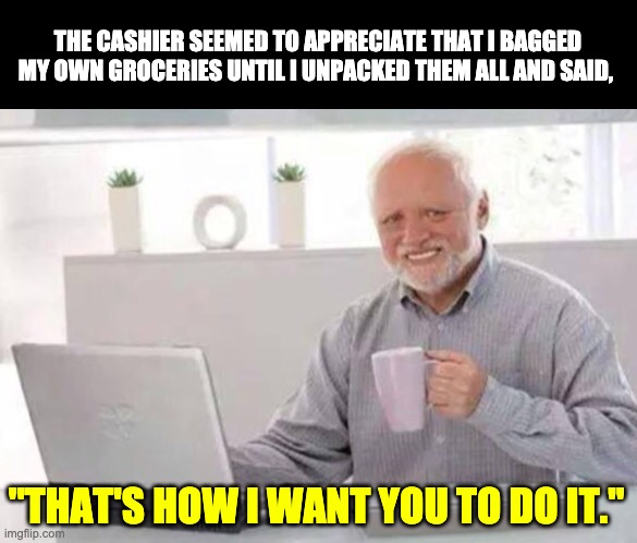 Harold | THE CASHIER SEEMED TO APPRECIATE THAT I BAGGED MY OWN GROCERIES UNTIL I UNPACKED THEM ALL AND SAID, "THAT'S HOW I WANT YOU TO DO IT." | image tagged in harold | made w/ Imgflip meme maker