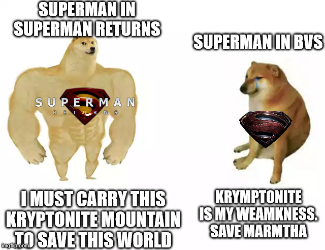 Buff Doge vs. Cheems Meme | SUPERMAN IN SUPERMAN RETURNS; SUPERMAN IN BVS; I MUST CARRY THIS KRYPTONITE MOUNTAIN TO SAVE THIS WORLD; KRYMPTONITE IS MY WEAMKNESS.
SAVE MARMTHA | image tagged in buff doge vs cheems | made w/ Imgflip meme maker