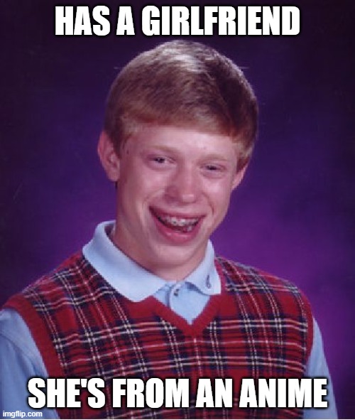 Bad Luck Brian Meme | HAS A GIRLFRIEND; SHE'S FROM AN ANIME | image tagged in memes,bad luck brian | made w/ Imgflip meme maker