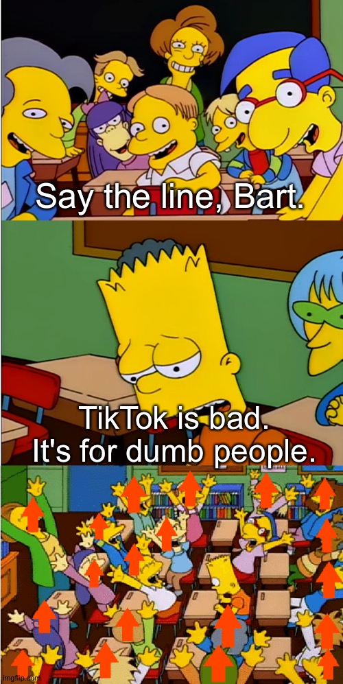 Say the line, Bart. TikTok is bad. It's for dumb people. | image tagged in say the line reddit | made w/ Imgflip meme maker