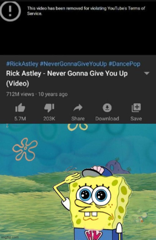 Check it out, so sad | image tagged in spongebob salute,memes,sad,spongebob,never gonna give you up | made w/ Imgflip meme maker