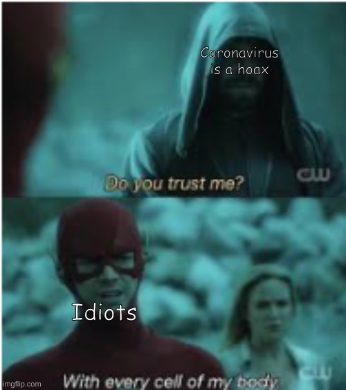 Not a hoax | Coronavirus is a hoax; Idiots | image tagged in do you trust me flash | made w/ Imgflip meme maker