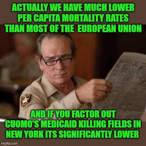 no country for old men tommy lee jones | ACTUALLY WE HAVE MUCH LOWER PER CAPITA MORTALITY RATES THAN MOST OF THE  EUROPEAN UNION AND IF YOU FACTOR OUT CUOMO'S MEDICAID KILLING FIELD | image tagged in no country for old men tommy lee jones | made w/ Imgflip meme maker