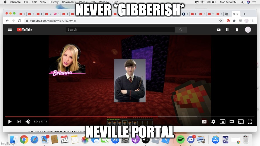 neville portal | NEVER *GIBBERISH*; NEVILLE PORTAL | image tagged in briannaplayz,minecraft,the nether | made w/ Imgflip meme maker