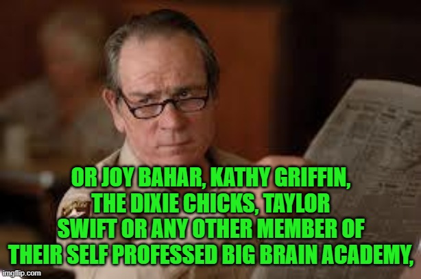 no country for old men tommy lee jones | OR JOY BAHAR, KATHY GRIFFIN, THE DIXIE CHICKS, TAYLOR SWIFT OR ANY OTHER MEMBER OF THEIR SELF PROFESSED BIG BRAIN ACADEMY, | image tagged in no country for old men tommy lee jones | made w/ Imgflip meme maker