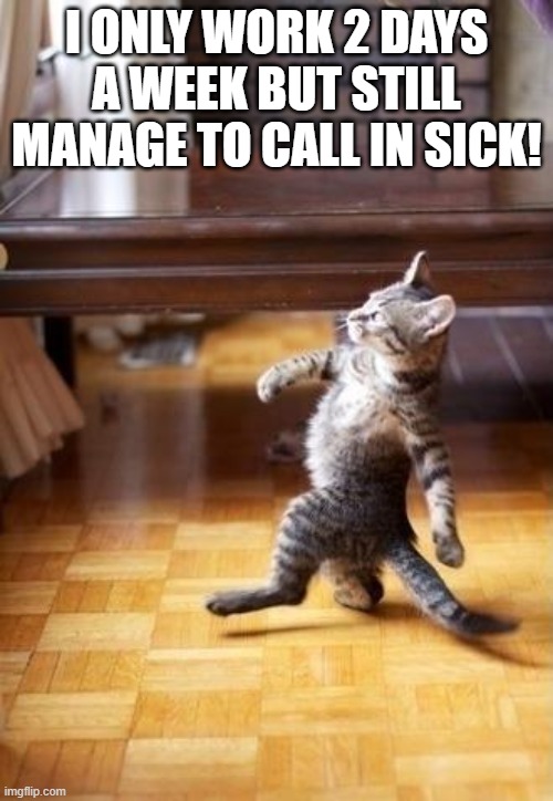 Cool Cat Stroll Meme | I ONLY WORK 2 DAYS A WEEK BUT STILL MANAGE TO CALL IN SICK! | image tagged in memes,cool cat stroll | made w/ Imgflip meme maker