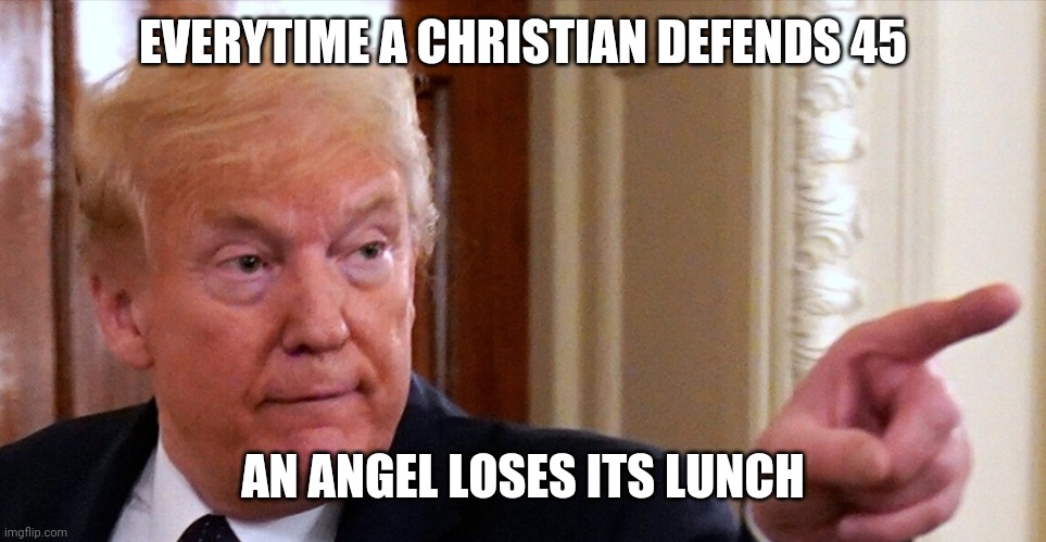 Trump pointing | EVERYTIME A CHRISTIAN DEFENDS 45; AN ANGEL LOSES ITS LUNCH | image tagged in trump pointing | made w/ Imgflip meme maker