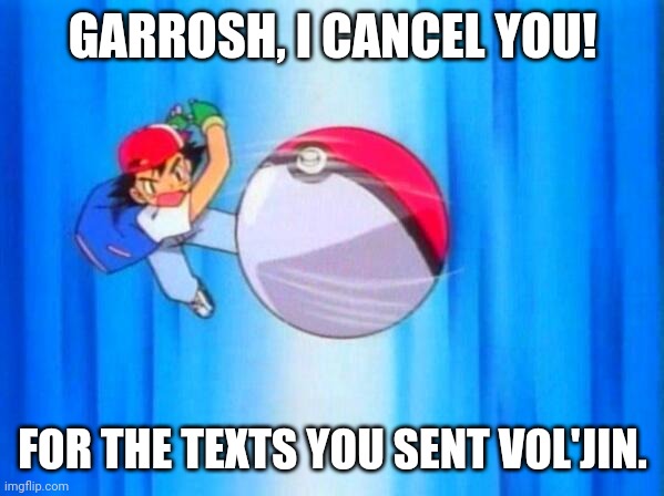 I choose you! | GARROSH, I CANCEL YOU! FOR THE TEXTS YOU SENT VOL'JIN. | image tagged in i choose you | made w/ Imgflip meme maker