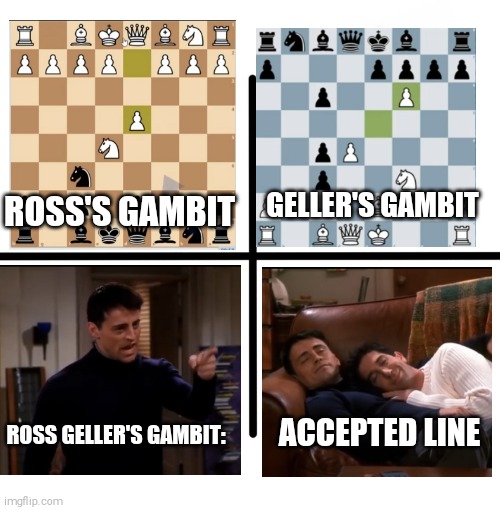 Chess players will get it | GELLER'S GAMBIT; ROSS'S GAMBIT; ACCEPTED LINE; ROSS GELLER'S GAMBIT: | image tagged in memes,blank starter pack,funny,chess,friends,board games | made w/ Imgflip meme maker