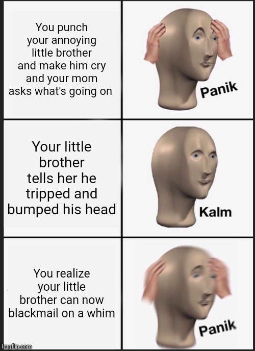 They grow up fast, don't they? | You punch your annoying little brother and make him cry and your mom asks what's going on; Your little brother tells her he tripped and bumped his head; You realize your little brother can now blackmail on a whim | image tagged in memes,panik kalm panik | made w/ Imgflip meme maker