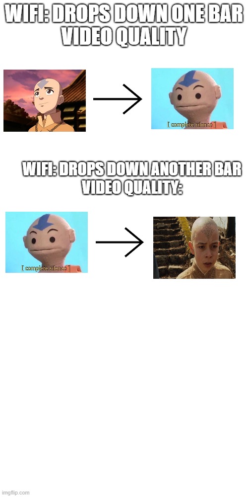 WIFI: DROPS DOWN ONE BAR
VIDEO QUALITY; WIFI: DROPS DOWN ANOTHER BAR
VIDEO QUALITY: | image tagged in memes,blank transparent square | made w/ Imgflip meme maker