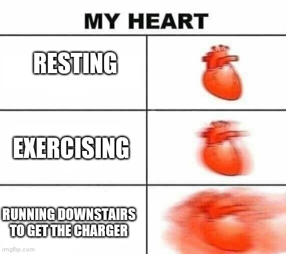 My heart blank | RESTING; EXERCISING; RUNNING DOWNSTAIRS TO GET THE CHARGER | image tagged in my heart blank | made w/ Imgflip meme maker