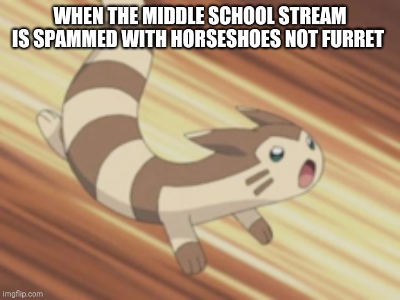 Angry Furret | WHEN THE MIDDLE SCHOOL STREAM IS SPAMMED WITH HORSESHOES NOT FURRET | image tagged in angry furret | made w/ Imgflip meme maker