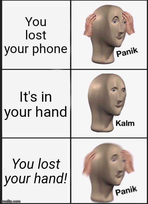 Panik Kalm Panik |  You lost your phone; It's in your hand; You lost your hand! | image tagged in memes,panik kalm panik | made w/ Imgflip meme maker