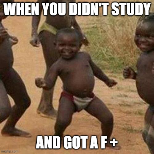 Third World Success Kid Meme | WHEN YOU DIDN'T STUDY; AND GOT A F + | image tagged in memes,third world success kid | made w/ Imgflip meme maker
