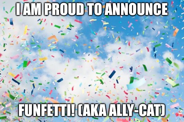 Welcome! | I AM PROUD TO ANNOUNCE; FUNFETTI! (AKA ALLY-CAT) | image tagged in confetti | made w/ Imgflip meme maker