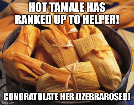 Congrats! | HOT TAMALE HAS RANKED UP TO HELPER! CONGRATULATE HER (IZEBRAROSE9) | image tagged in tamale | made w/ Imgflip meme maker