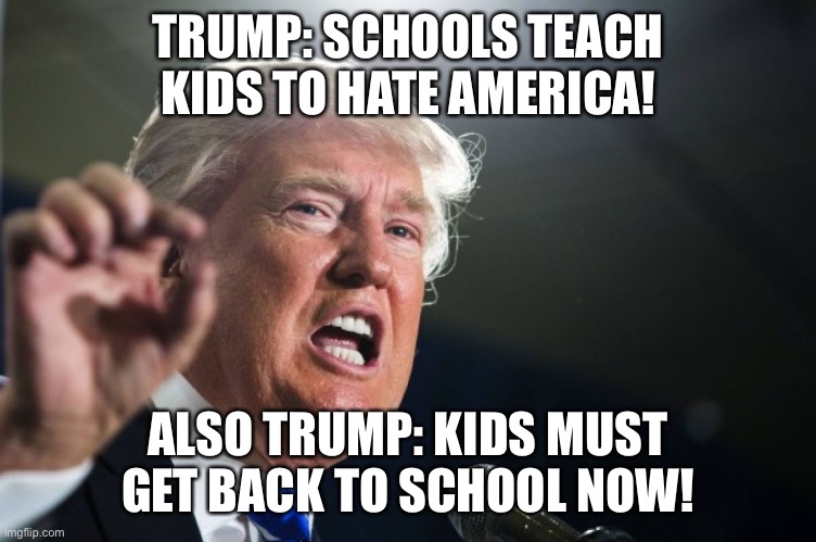 donald trump | TRUMP: SCHOOLS TEACH KIDS TO HATE AMERICA! ALSO TRUMP: KIDS MUST GET BACK TO SCHOOL NOW! | image tagged in donald trump | made w/ Imgflip meme maker