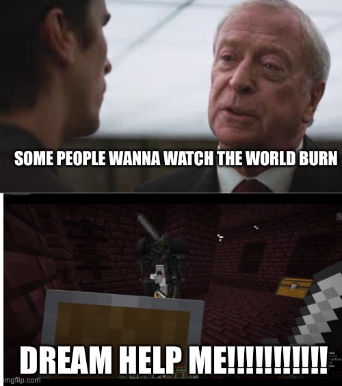 Dreams is good till you get to know him | SOME PEOPLE WANNA WATCH THE WORLD BURN; DREAM HELP ME!!!!!!!!!!! | image tagged in some mean just want to watch the world burn alfred batman | made w/ Imgflip meme maker